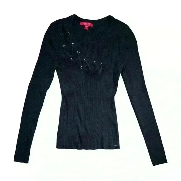 GUESS Women's MINA Sweater String Tie Frontal Size M Jet Black - Picture 1 of 6